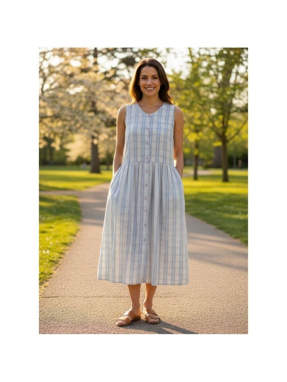 Allison Blair Blue Stripe Sleeveless Midi Dress Button Front Pockets Cottagecore